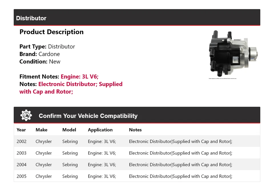 For 2002-2005 Chrysler Sebring 3L V6 Distributor Cardone 2003 2004 - Image 2 of 4