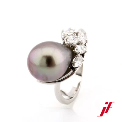 Bague Classique 18K Or 1 Perle De Tahiti 5 Diamants Navette 0,75 Ct Taille 54 - Photo 1/3