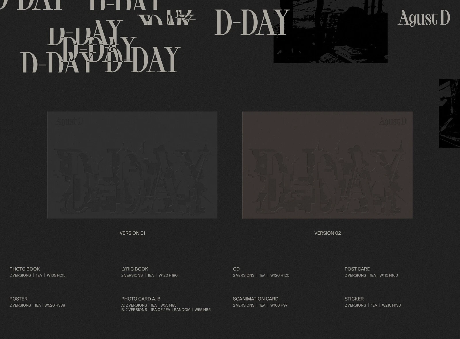 Agust D SUGA BTS album D-DAY CD+Book+Card+Lyric+Scanimation+Poster+Sticker+Gift box with tiger and text.