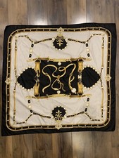 33  Square Equestrian Scarf Classic Bridle Straps Silky Black White Gold Dressy