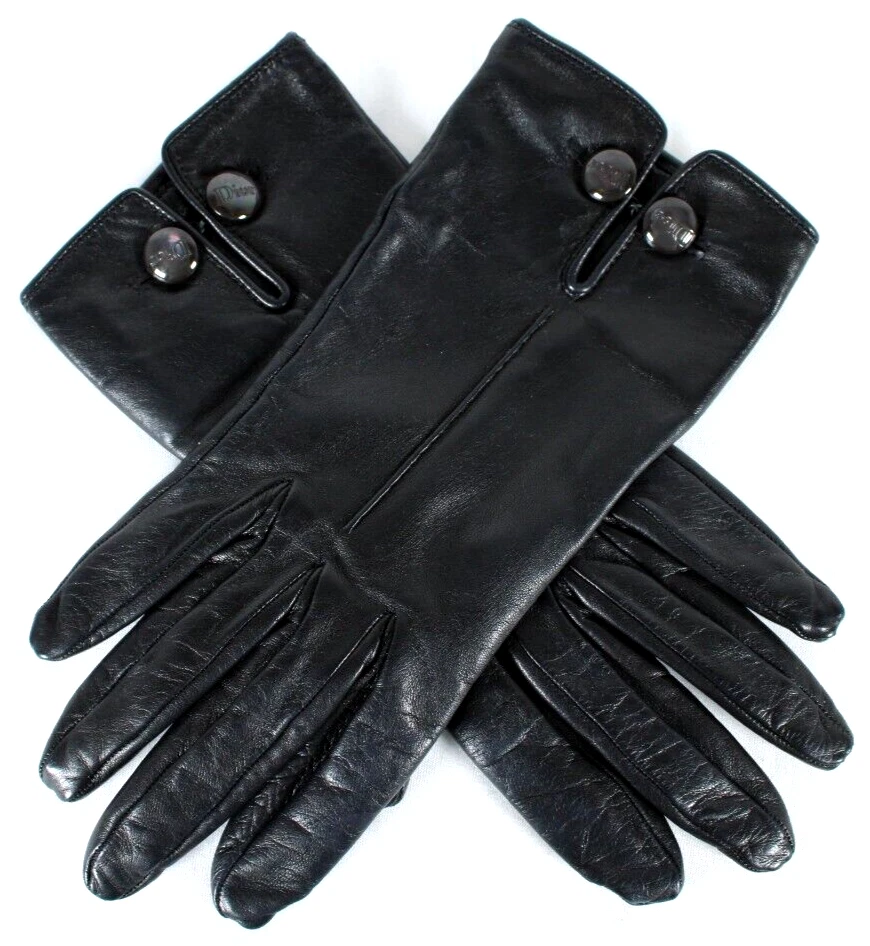 Gants CHRISTIAN DIOR cuir d'agneau noir logo bouton et chaîne S