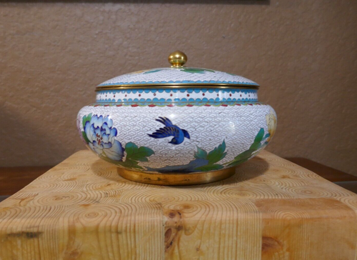 Vintage Chinese Cloisonne Enamel On Bronze Bowl Lidded Floral and Bird Themed