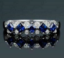 Women's Princess Lab Created Sapphire Wedding Half Eternity Band Ring 925 Silver