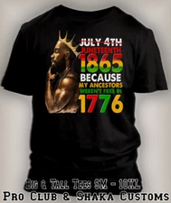 Mens Black King 1865 Juneteenth Black History Tee Shirt Pro Club Shaka  T