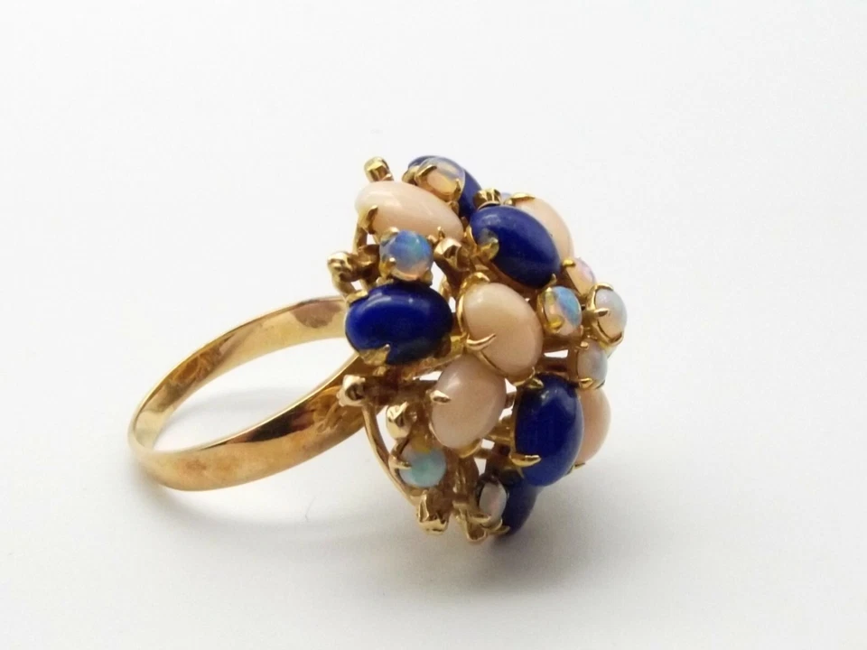 Anillo racimo harén oro 14K de colección talla 8 ópalo azul lapislázuli rosa coral Sputnik Foto 2 de 4