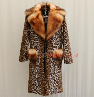Women's Brown Leopard Faux Fur Furry Long Coat Overcoat Winter