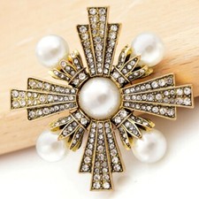 High Style GOLD & PEARL Maltese CROSS Clear Rhinestone Vintage Inspired Brooch