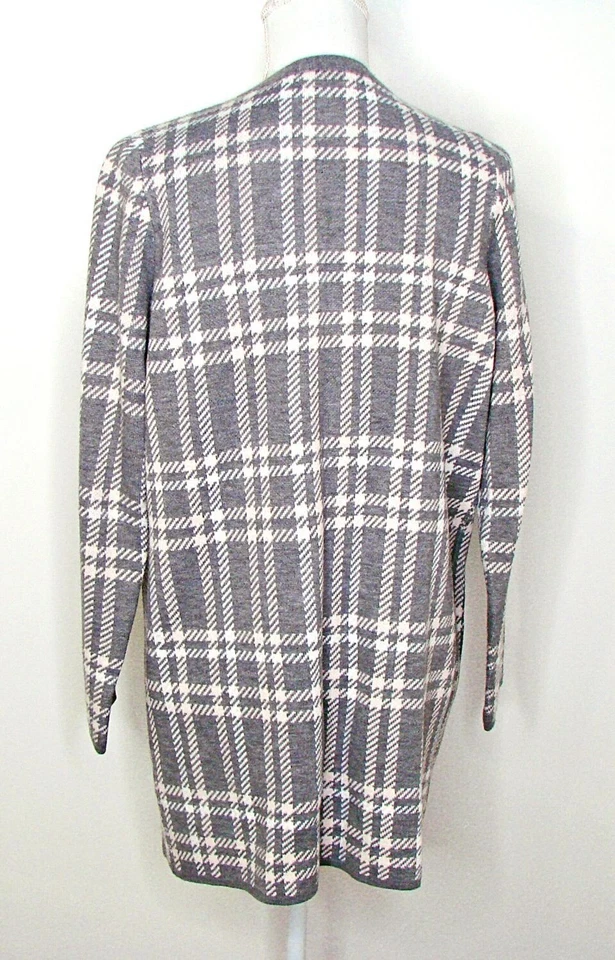 French Connection Womens Long Sweater Gray Pink Plaid Open Cardigan Pockets Sz M - Imagem 3 de 4