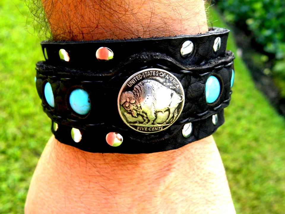 Подлинный Buffalo индийский никель монета манжеты браслет бизон кожи регулируемый - Изображение 3 из 4