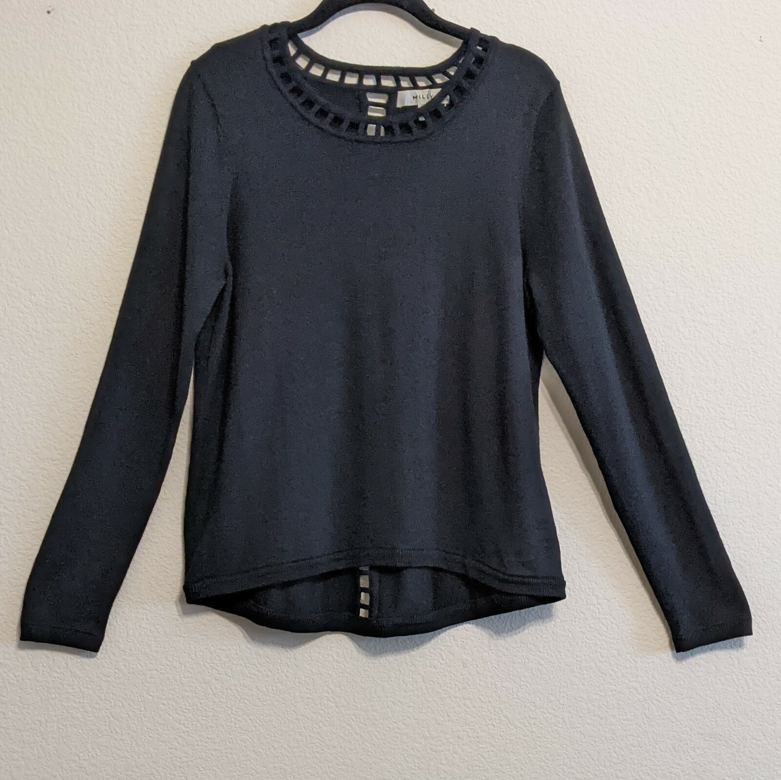 Milly 100 Wool Long Sleeve Black Cut Out Sweater Size Large EUC eBay