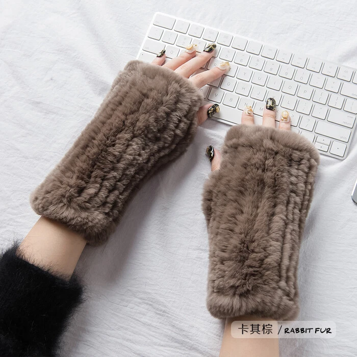 Real Rex Rabbit Fur Glove Mitten Knitted Fingerless Wrist Warm High Elastic - Image 2 of 4