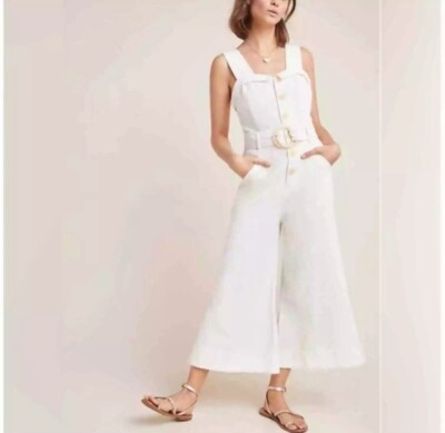 Anthropologie Belted Cream Linen Jumpsuit Romper White