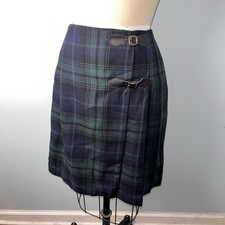 Vtg Skirt Womens 10 Wool Wrap Tartan Plaid Green Blue Preppy Academia School
