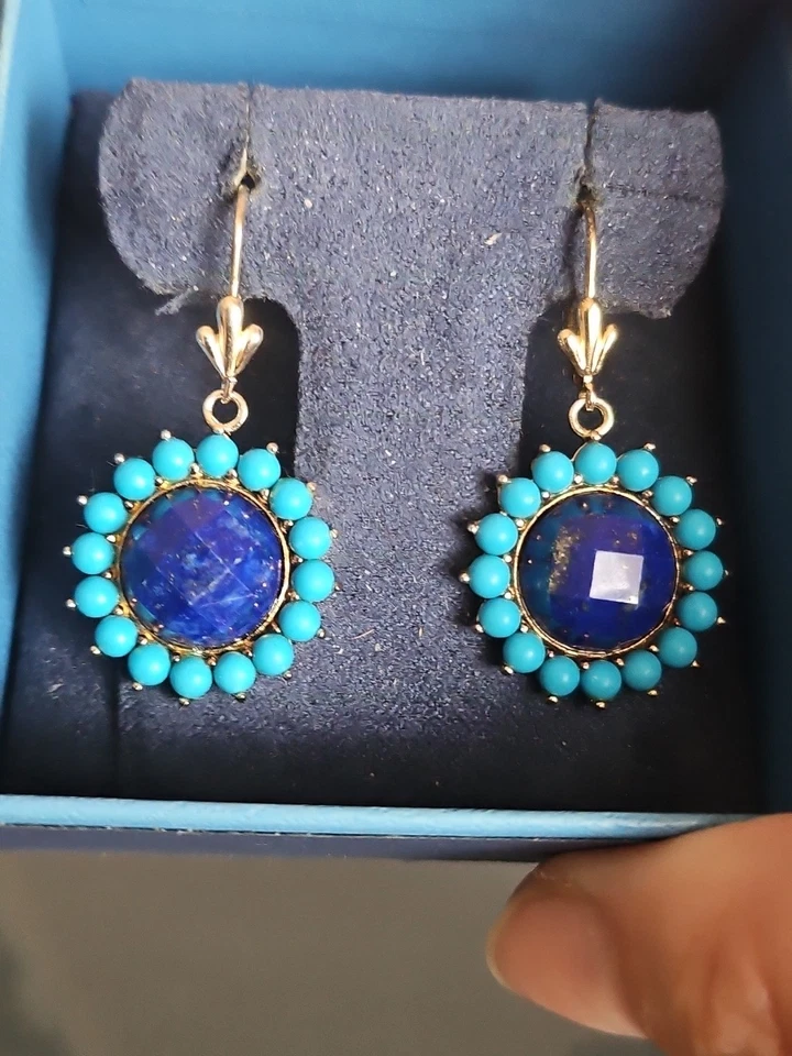 设计师银色 925 Lapis & Sleeping Beauty 悬垂耳环 1.5 英寸杠杆 — 第 3/4 张图片