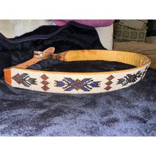 VINTAGE NATIVE GLASS INTRICATELY BEADED BELT ON TOOLED LEATHER