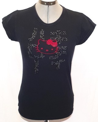 Strass Hello Kitty Shirt schwarz rot viele tolle Details 36 S 38 M Muster Ü553