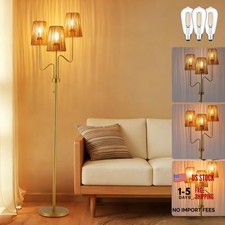 Gold Farmhouse Boho Dimmable Floor Lamp with Rattan Shade, Gold Rattan Shade