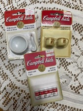 1995 NOS Campbell Kids Miniature Dollhouse Porcelain Bowl Spoon, Cups, Cans