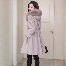 Cappotto donna vera pelliccia di volpe collo visone lana lunghezza media cappuccio foderato pelliccia esterno