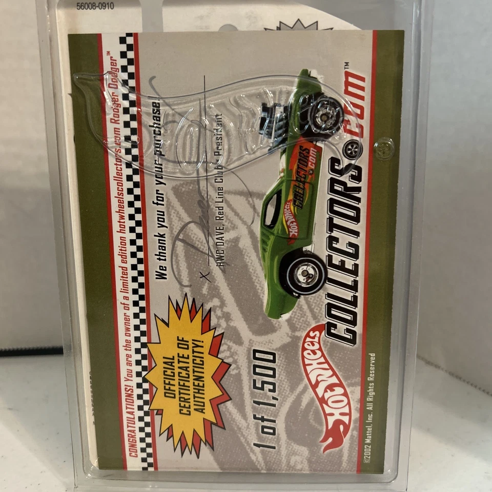 Hot Wheels 2002 Hot Wheels Collectors.com Rodger Dodger verde 1/1500 certificado de autenticidad raro Foto 4 de 4