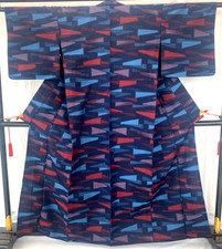 Japanese Vintage Kimono Wool Navy Komon No Lining Traditional Length 62 in