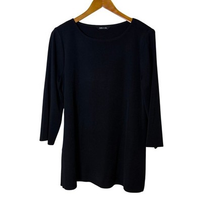 Misook Women Tunic Top M Black 3/4 Sleeve Knit Side Slits Minimalist Quiet Lux