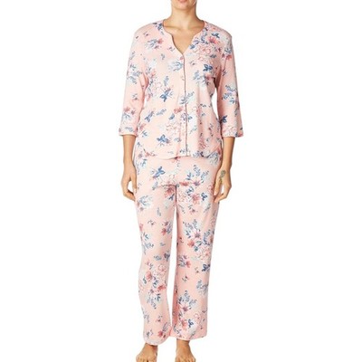 Karen Neuburger Light Pink Floral Soft  pajama Set Blouse Pants L PETITE Comfy 