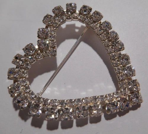 Rhinestone Heart Brooch Prong Silver Tone Vintage Costume Jewelry  2"