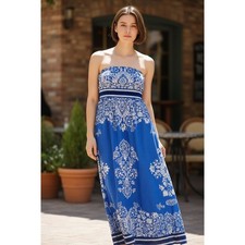 Strapless Blue White Medallion Maxi Dress Womens 12 Boho Coastal Resort Beach