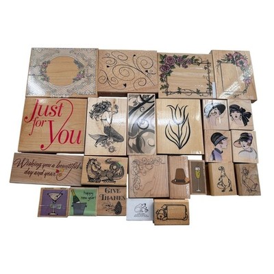 Vintage Lot Of 24 Wooden Rubber Stamps Assorted Designs Hero Arts Mixed Brands