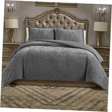 Luxury Chenille Comforter Set, One Comforter with Two Pillow Shams, Queen Grey