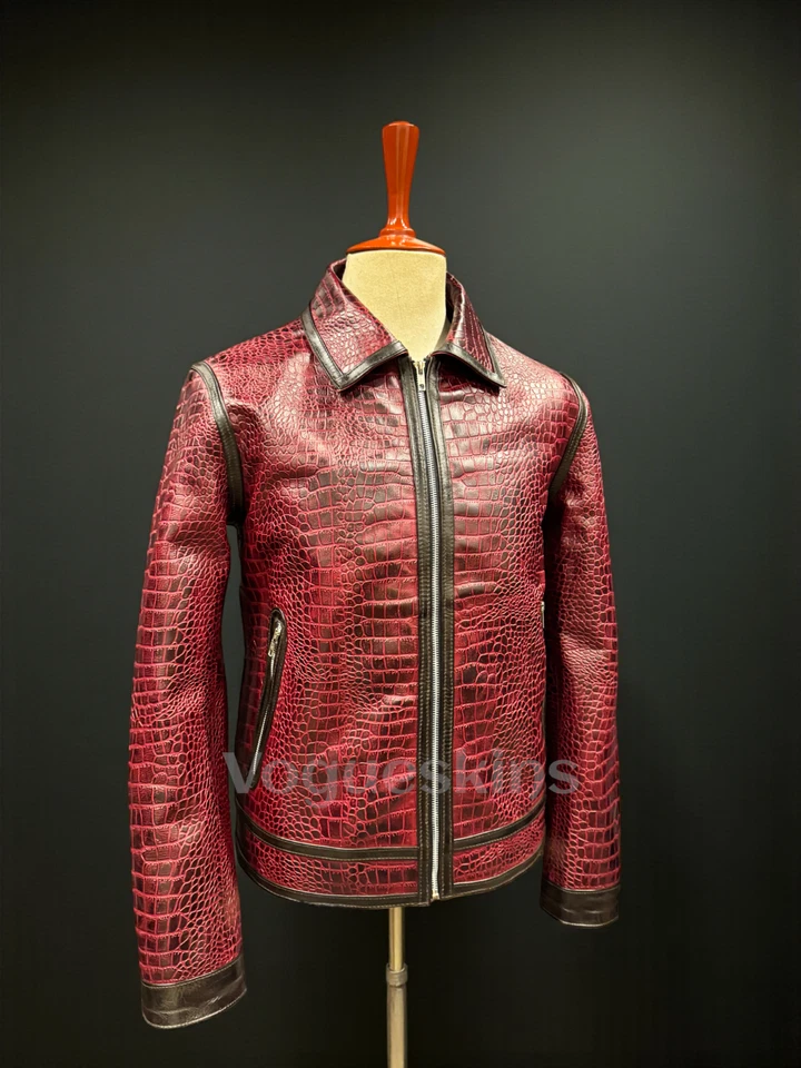 Men's Red Leather Jacket Crocodile Embossed Pattern Alligator Leather Jacket - Image 2 of 4
