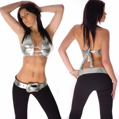 Sexy Damen GoGo Party Clubwear Crop-Top mit Schnallen 34-38 silber
