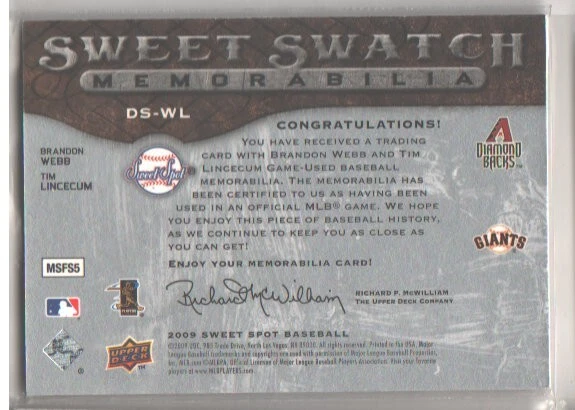 2009 Sweet Spot Swatches Dual #DSWL Tim Lincecum / Brandon Webb - Image 2 of 2