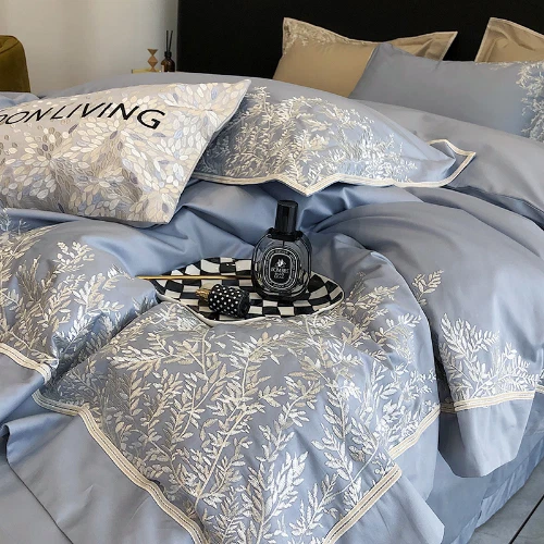 Bedding Set Egyptian Cotton Cover Flat Bed Sheet Floral Embroidery Bed Set - Image 4 of 4