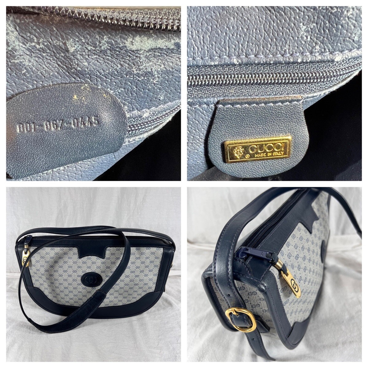 GUCCI Authentic Navy Blue Leather and Canvas Crossbody Shoulder