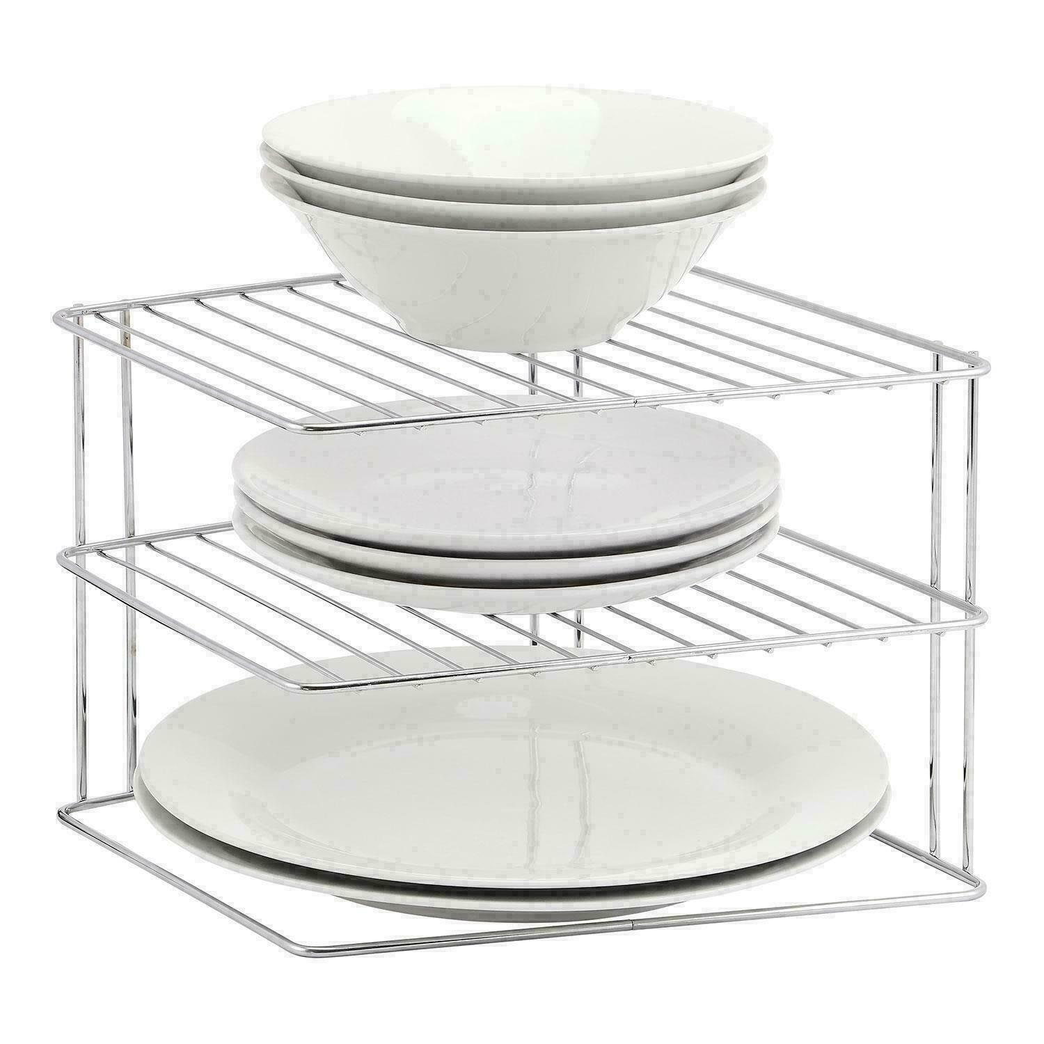 3 TIER CORNER PLATE RACK STORAGE HOLDER STAND KITCHEN PLATES CUPBOARD