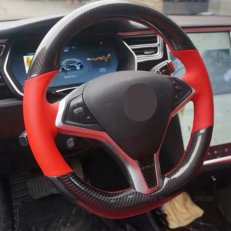 For Tesla Model X S Carbon Fible Red Leather Accessories Steering Wheel Cover