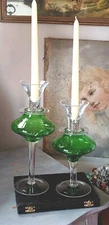  Unique Emerald Green Art Glass Taper Candlestick Candle Holders Set Of 2 