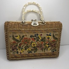 Vintage Rattan Wicker Box Purse Handbag Lucite Handle No Brand Feet Embroidered