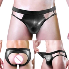 Men's Sexy Hollow Out Pouch Panties in Black Faux Leather Jock Strap Briefs