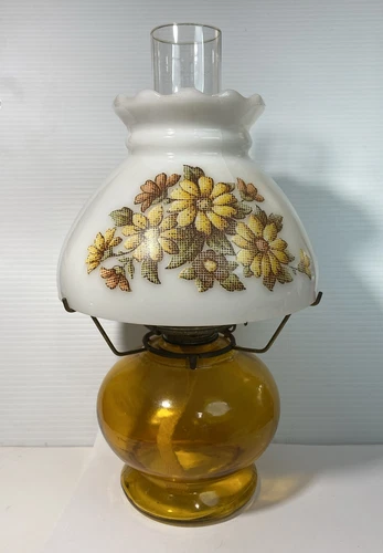 Vintage Milk Glass Oil Lamp Transfer Flowers Eagle Burner 14.5 Inches