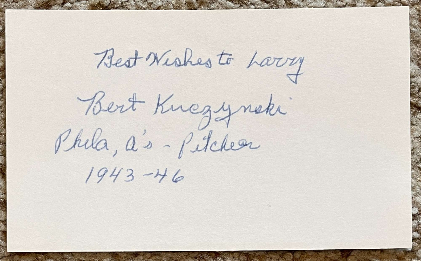 Bert Kuczynski personalized signed card - 1943 A's
