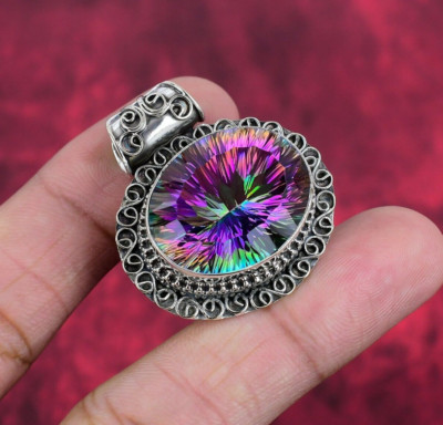 Unique Mystic Topaz Gemstone Handmade 925 Sterling Silver Pendant Jewelry