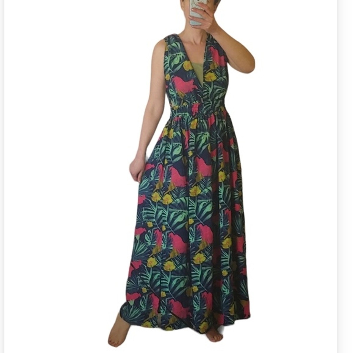 America & Beyond sleeveless maxi dress botanical tropical floral 