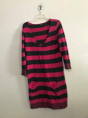 Express Wool Size L Gray Pink Knit Sweater Dress Women V Neck Stylish  Pockets