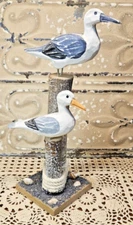 Wooden Sea Gulls Shore Birds on Pier Posts Nautical Décor 11” Tall w/ Seashells