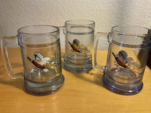 Vintage Princess House- Heavy Glass, Stein/Mug with Pheasants- set of 3