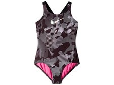 Nike L5349 Kids Black Optic Camo Cross-Back One-Piece Swimsuit Size Large