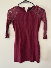 Express Maroon Bodycon Dress With Lace 3/4 Sleeves Junior Miss Size S